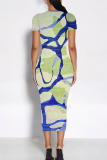 Blue Casual Print Contrast O Neck Wrapped Skirt Dresses