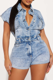 Blue Casual Solid Color Pocket Buckle Turndown Collar Regular Rompers