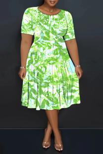 Green Casual Print Patchwork O Neck Long Plus Size Dresses