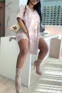 Light Pink Casual Print Slit V Neck Short Sleeve Two Pieces