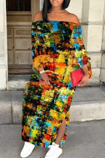 Black Yellow Casual Print Slit Off Shoulder Long Dresses