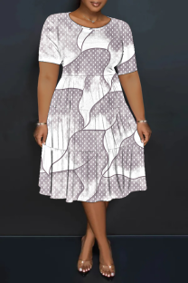 White Casual Print Patchwork O Neck Long Plus Size Dresses
