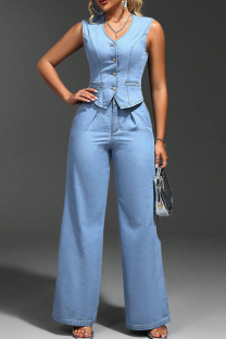 Light Blue Casual Solid Color Buckle V Neck Sleeveless Two Pieces