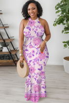 Pink Casual Print Patchwork O Neck Long Dresses