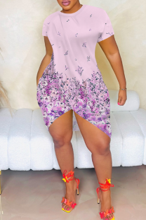 Pink Sexy Print Slit O Neck Irregular Dresses