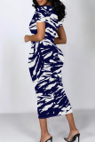 Blue White Casual Print Patchwork O Neck Wrapped Skirt Dresses