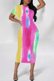Blue White Casual Print Patchwork O Neck Wrapped Skirt Dresses