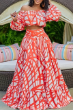 Black Casual Print Patchwork Off Shoulder Plus Size Two Pieces