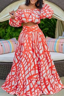 Red Casual Print Patchwork Off Shoulder Plus Size Two Pieces