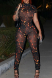 Pink Sexy Print Backless O Neck Skinny Jumpsuits