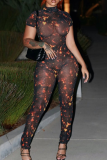 Pink Sexy Print Backless O Neck Skinny Jumpsuits