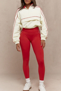 Red Casual Solid Color Zipper Contrast Zipper Collar Long Sleeve Two Pieces