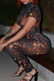 Pink Sexy Print Backless O Neck Skinny Jumpsuits