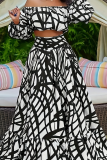 Black Casual Print Patchwork Off Shoulder Plus Size Two Pieces
