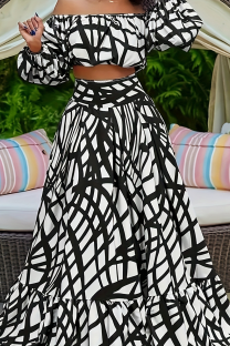 Black Casual Print Patchwork Off Shoulder Plus Size Two Pieces