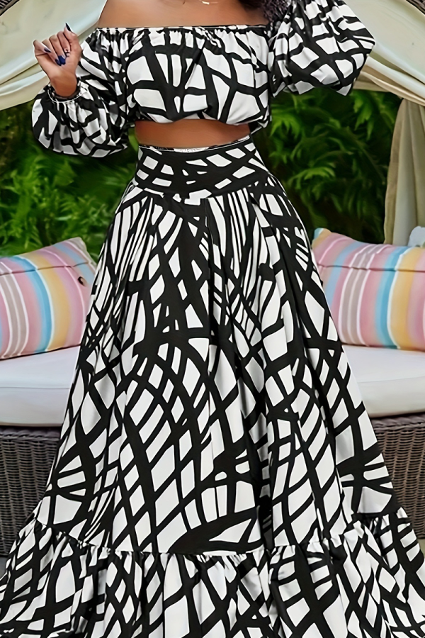 Black Casual Print Patchwork Off Shoulder Plus Size Two Pieces