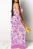 Blue Purple Casual Print Patchwork O Neck Long Dresses