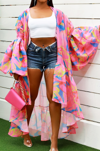 Pink Sexy Print Patchwork Cardigan Collar Plus Size Overcoat
