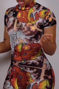 Red Sexy Print Backless O Neck Skinny Rompers