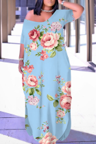 Baby Blue Casual Print Pocket Slit V Neck Long Dresses