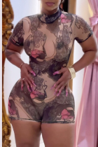 Pink Sexy Print Backless O Neck Skinny Rompers