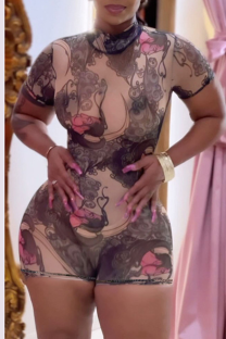 Pink Sexy Print Backless O Neck Skinny Rompers