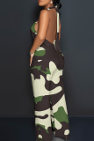 Camouflage Casual Print Backless Strap Design Halter Loose Jumpsuits