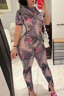 Pink Sexy Print Backless O Neck Skinny Jumpsuits