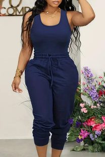 Tibetan Blue Casual Solid Color Pocket Lace Up U Neck Sleeveless Two Pieces