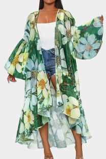 Green Sexy Print Patchwork Cardigan Collar Plus Size Overcoat