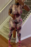Pink Sexy Print Backless O Neck Skinny Jumpsuits