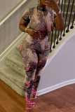 Pink Sexy Print Backless O Neck Skinny Jumpsuits