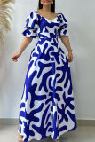 Blue Elegant Print Patchwork V Neck Long Dresses