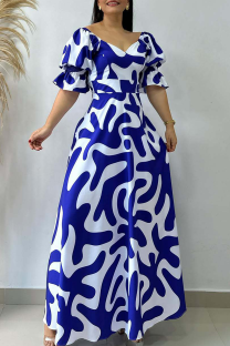 Blue Elegant Print Patchwork V Neck Long Dresses