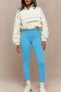 Light Blue Casual Solid Color Zipper Contrast Zipper Collar Long Sleeve Two Pieces