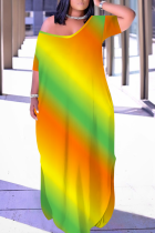 Tangerine Casual Print Pocket Slit V Neck Long Dresses