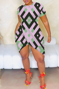 Pink Purple Sexy Print Slit O Neck Irregular Dresses