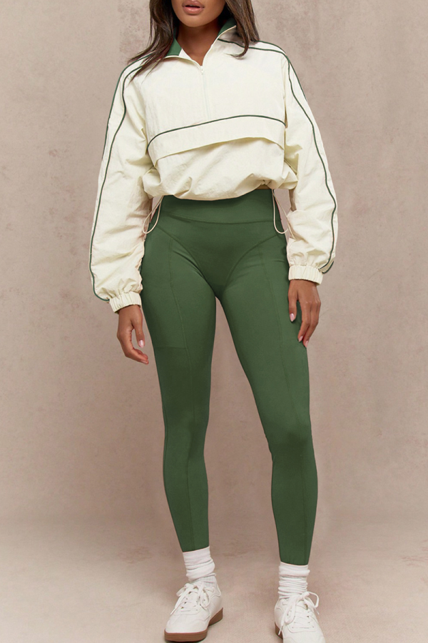 Green Casual Solid Color Zipper Contrast Zipper Collar Long Sleeve Two Pieces