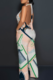 Blue Casual Print Backless Strap Design Halter Loose Jumpsuits