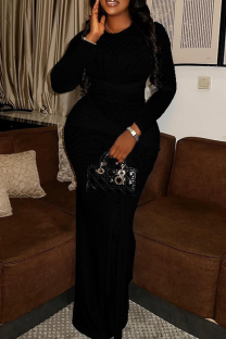 Black Elegant Solid Color Ruched O Neck Long Dresses