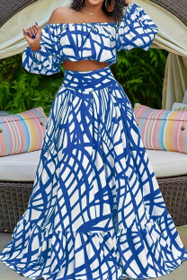 Blue Casual Print Patchwork Off Shoulder Plus Size Two Pieces