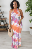 Blue Purple Casual Print Patchwork O Neck Long Dresses