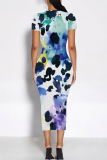 Blue White Casual Print Patchwork O Neck Wrapped Skirt Dresses