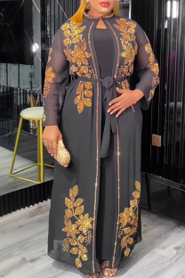 Black Casual Hot Drill O Neck Long Plus Size Two Pieces
