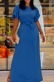 Blue Casual Solid Color Slit Strap Design O Neck Long Plus Size Dresses