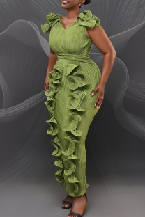 Green Elegant Solid Color Stringy Selvedge V Neck Long Dresses