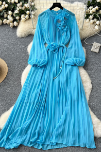 Blue Elegant Solid Color Beading Strap Design Flower Shape O Neck Long Dresses