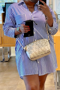Blue White Casual Stripe Pocket Buckle Shirt Collar Plus Size Tops