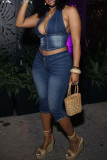 Sky Blue Casual Solid Color Backless Zipper Halter Sleeveless Two Pieces