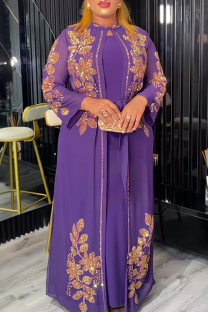 Purple Casual Hot Drill O Neck Long Plus Size Two Pieces